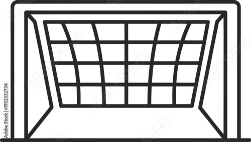 Minimalist black line art icon depicting a standard rectangular soccer goal net ready for a sporting competition.
