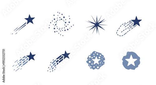 A collection of dark blue shooting stars and sparkling starbursts ideal for design work on transparent background silhouette