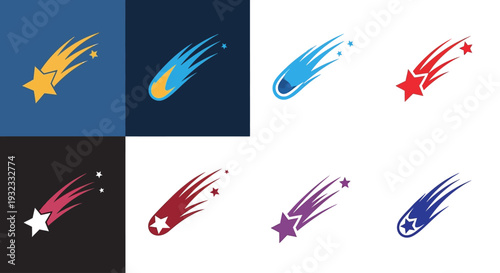 A collection of colorful shooting star and comet icons available in various hues on transparent background silhouette high quality