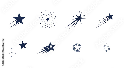 A collection of dark blue shooting star and sparkle graphics ideal for design projects on transparent background silhouette
