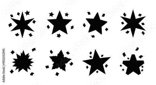 A collection of black starbursts and scattered stars arranged in a grid on transparent background silhouette high quality professional