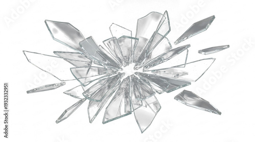 Konstfotografi explosion of sharp, clear glass shards frozen in mid-air against a stark transparent background, creating a dramatic and chaotic effect