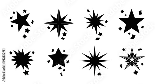 A collection of various black star shapes and sparkles ideal for design projects on transparent background silhouette high quality