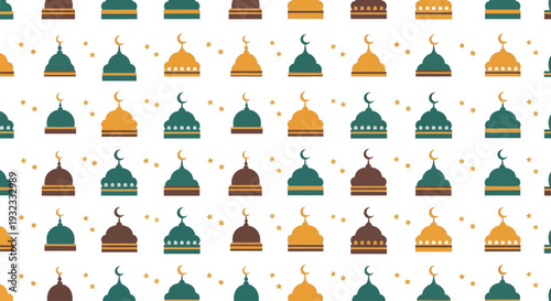 Seamless pattern featuring stylized mosque domes and golden crescents, creating an elegant and spiritual background design suitable for Islamic cultural themes and celebratory occasions