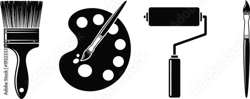 Painting tools icon set, paint brush palette roller silhouette vector illustration isolated on white background for art design