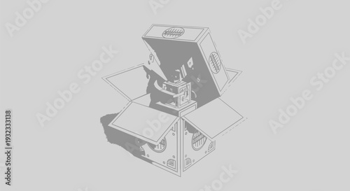 Sad little papercraft character surprises onlookers by popping up from an open box in a sketch style rendering