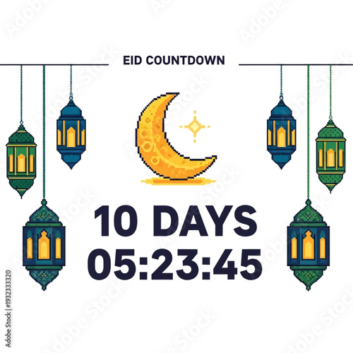 Eid Countdown 10 Days Until Celebration with Hanging Lanterns and Crescent Moon Motif