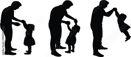 Father playing with daughter silhouettes collection set, happy parenting moments and early childhood development concept