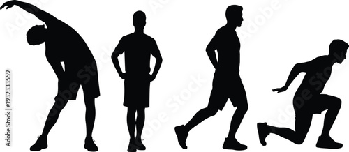 Men stretching and exercise silhouettes collection set, male athletes warming up for fitness workout training