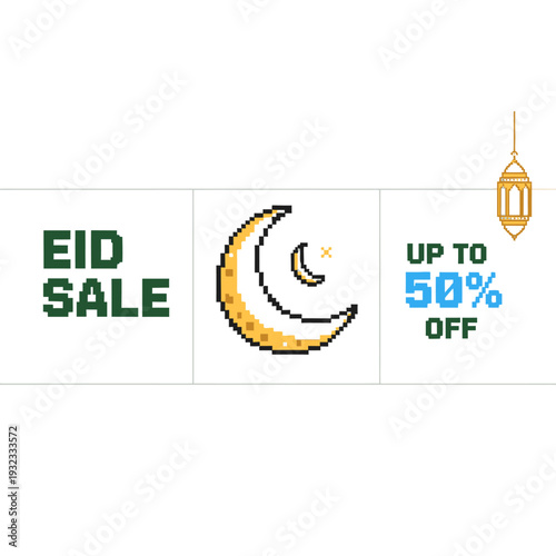 Vibrant Pixel Art Celebration Offer Banner with Crescent Moon, Star, and Golden Lantern for Festive Season Discounts and Online Shopping Promotions