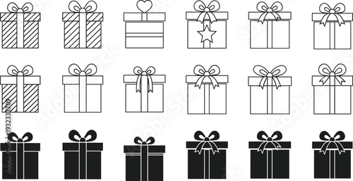 Set of gift box icons, outline and solid style, bow ribbon present collection, vector illustration isolated on white background festive