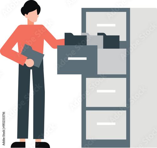The boy is manage file in cabinet