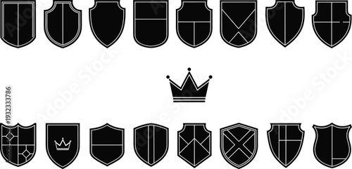 Shield emblem silhouette set, heraldic crest badge logo vector collection isolated black design