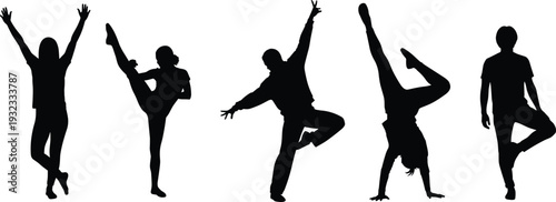 Silhouette dancers collection, dynamic male and female figures performing hip hop, ballet and freestyle dance poses isolated on white background