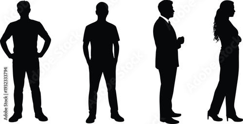 Diverse standing people silhouettes collection set, professional corporate business man and casual figures in various poses