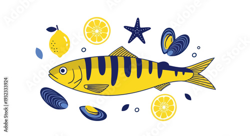 Fresh Fish, Lemon, Mussels, and Starfish - Healthy Seafood Meal Illustration