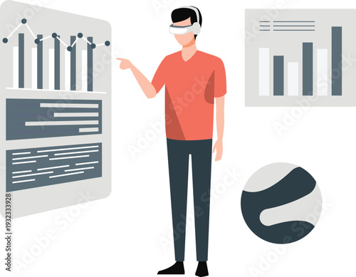 Boy watching data server on VR glasses.