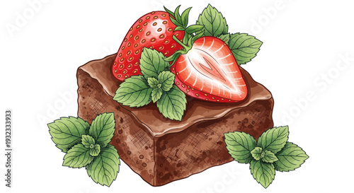 Decadent Chocolate Brownie with Fresh Strawberries and Mint Leaves