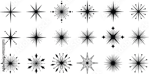 Starburst sparkle icon set, abstract sunburst explosion shapes, decorative radiant light vector collection black silhouette design