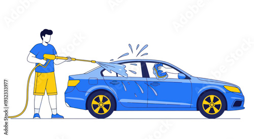 Man Washing Blue Car with Pressure Washer, Outdoor Vehicle Cleaning