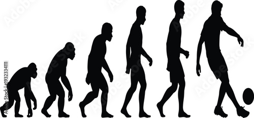 Human evolution to football player silhouettes collection set, primitive ape to modern soccer athlete progress
