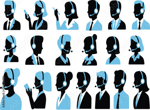 Diverse call center agent silhouettes collection set, customer service representative avatars wearing headsets, telemarketing support icons