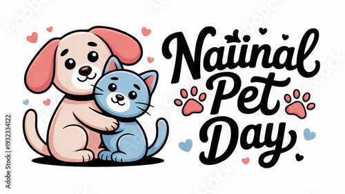 Cute dog and cat hug on national pet day with hearts and paw prints