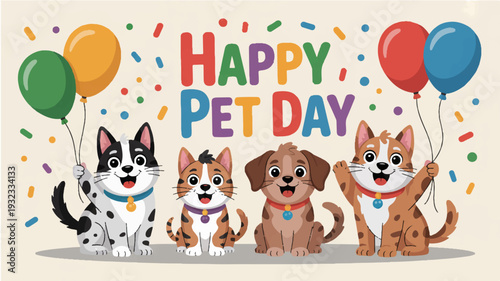 Happy pet day celebration with group of cute dogs and cats holding colorful balloons