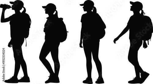 Women backpackers silhouettes collection set, female hikers walking and drinking water, outdoor travel adventure trekking elements