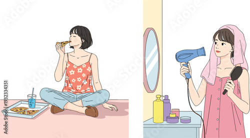 Young Woman Daily Lifestyle Routine Set Eating Pizza and Drying Hair Cartoon Vector Illustration for Self Care and Home Activity Design