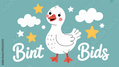 Happy white cartoon goose with orange beak and feet standing on teal background with stars and clouds smiling cheerfully