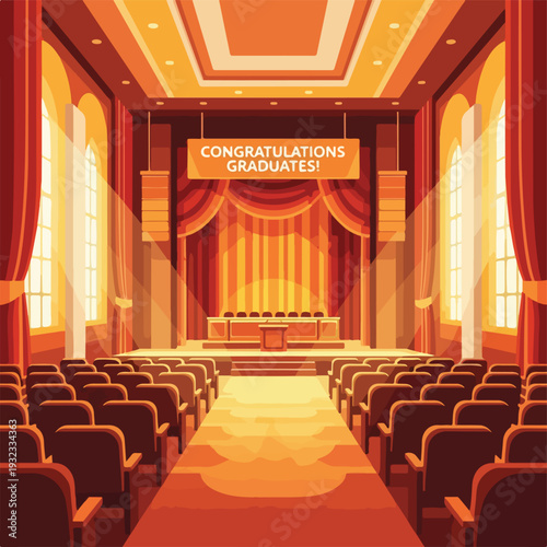 Canvas Print A brightly lit hall prepared for a graduation ceremony, with many empty seats