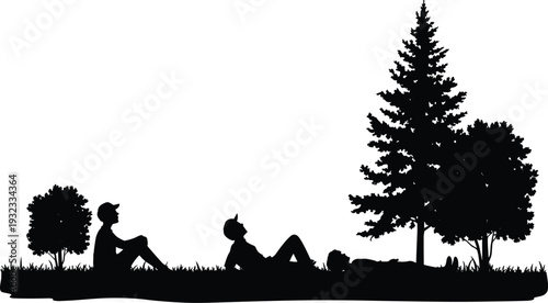 Men resting under pine trees silhouettes collection set, people relaxing on grass in nature forest, peaceful outdoor park elements