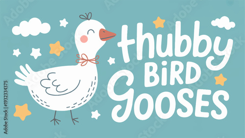 Cute white cartoon bird with orange beak and bow surrounded by stars and clouds on blue background thubby bird gooses