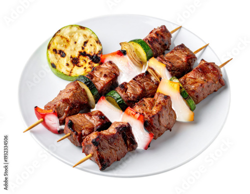 Grilled meat skewers with vegetables isolated on transparent background