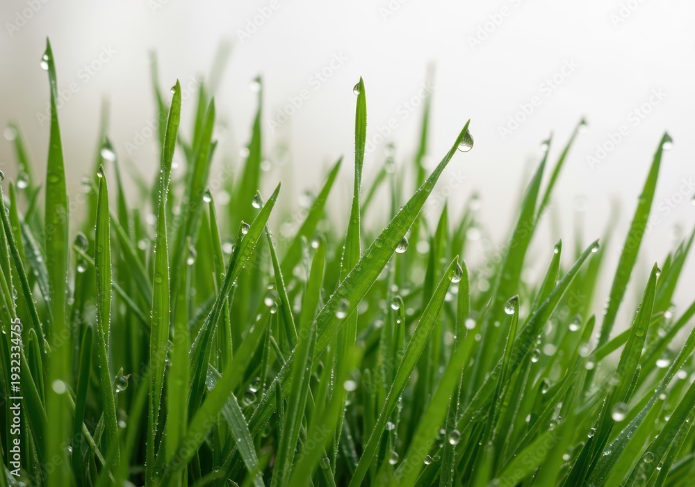 Obraz premium Lush, dew-kissed green grass blades texture isolated on a pristine, clear background, perfect for copy space and spring themes, texture, garden, healthy