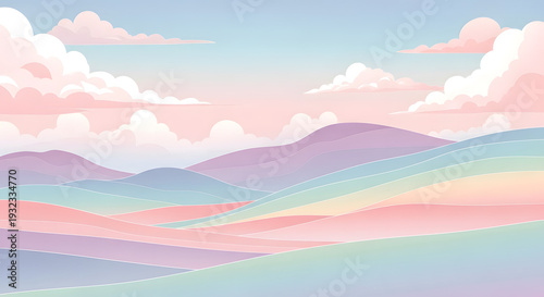 Pastel Paradise: A dreamy landscape painted with soft hues of rainbow colors, creating a serene and imaginative vista of rolling hills under a gentle sky.
