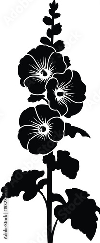 Elegant hollyhock flower stalk silhouette, black botanical vector illustration of blooming Alcea rosea isolated on white background.