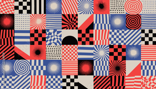 Vibrant geometric pattern with red, blue, and black shapes
