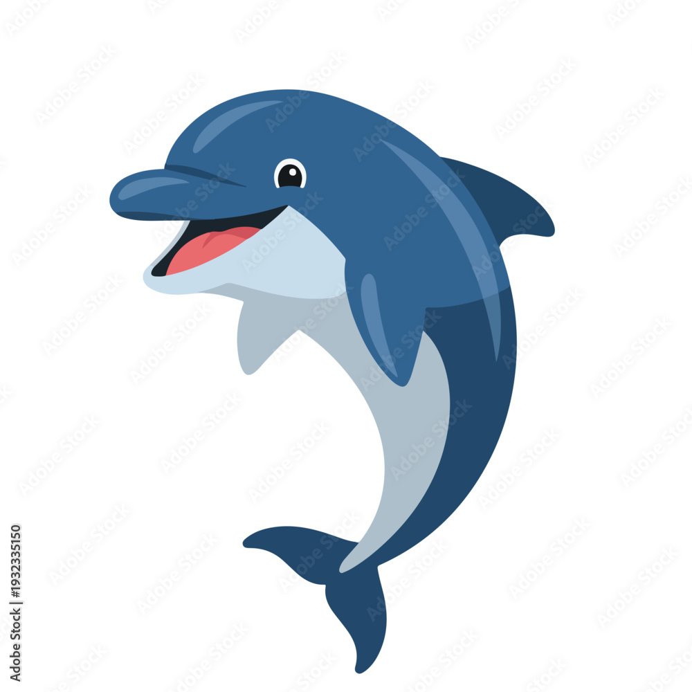 Obraz premium A cartoon dolphin in mid-air, showing its pink mouth and white belly