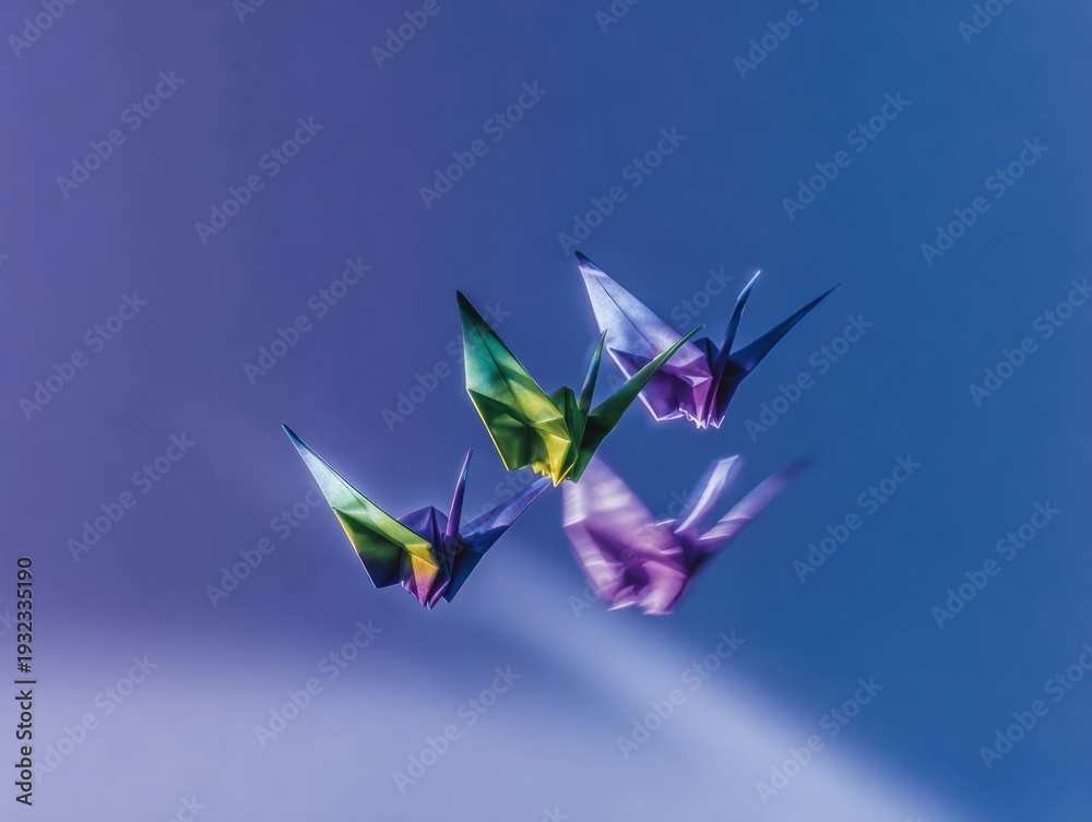 Obraz premium Colorful Origami Paper Birds Rising Upward Representing Business Growth and Skill Development, Conceptual Innovation and Career Progress on Purple Background with Copy Space