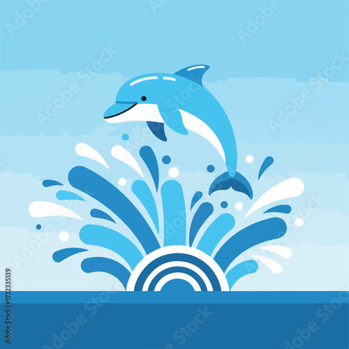 A cartoon dolphin jumps out of water with large splashes