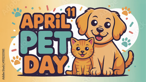 Friendly dog and cat celebrate april pet day with colorful paw prints and confetti