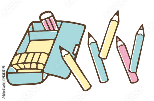 シンプルな筆箱と鉛筆、消しゴムのイラスト