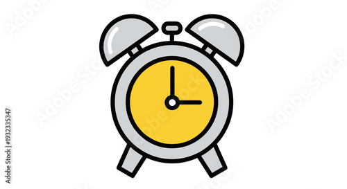 Simple illustration of a yellow alarm clock with bells on white background.