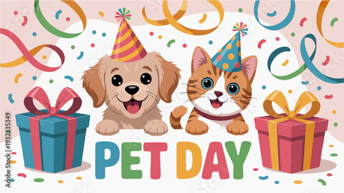 Happy dog and cat celebrate pet day with colorful gifts and confetti decorations