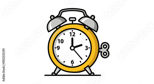 Vintage style cartoon alarm clock with yellow frame and white face.