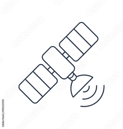 Vector of a satellite in space with signal waves emanating from its dish antenna in a simple line art style