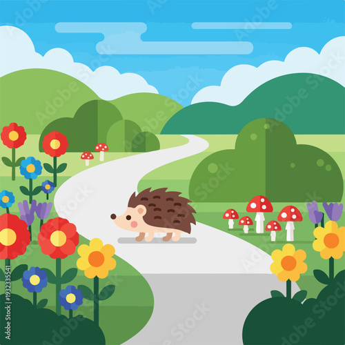A cartoon hedgehog strolls on a path with flowers, grass and hills