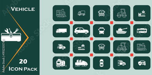 Diverse Vehicle Icon Pack: Cars, Trucks, Buses, Tractors, Tanks, and More, Isolated on Transparent Background for Design Versatility